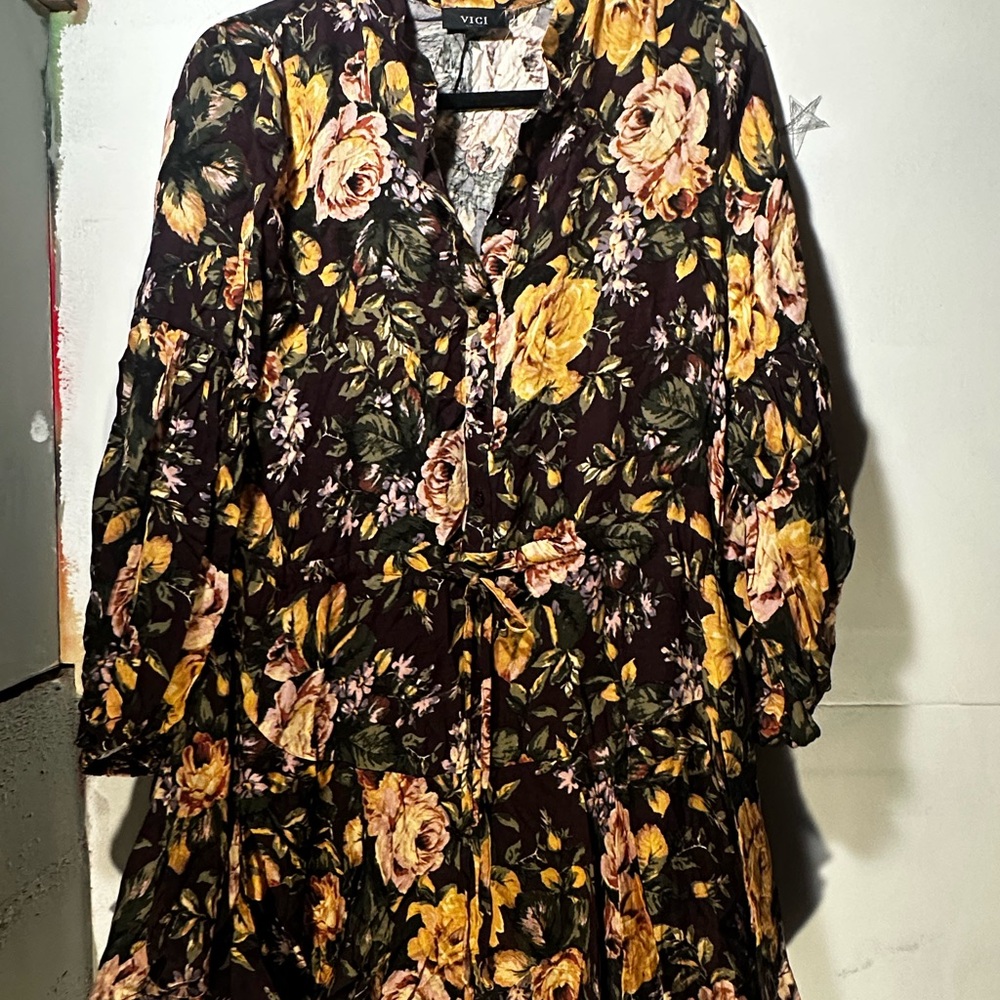 Vici Dark Floral Dress with Yellow Highlights